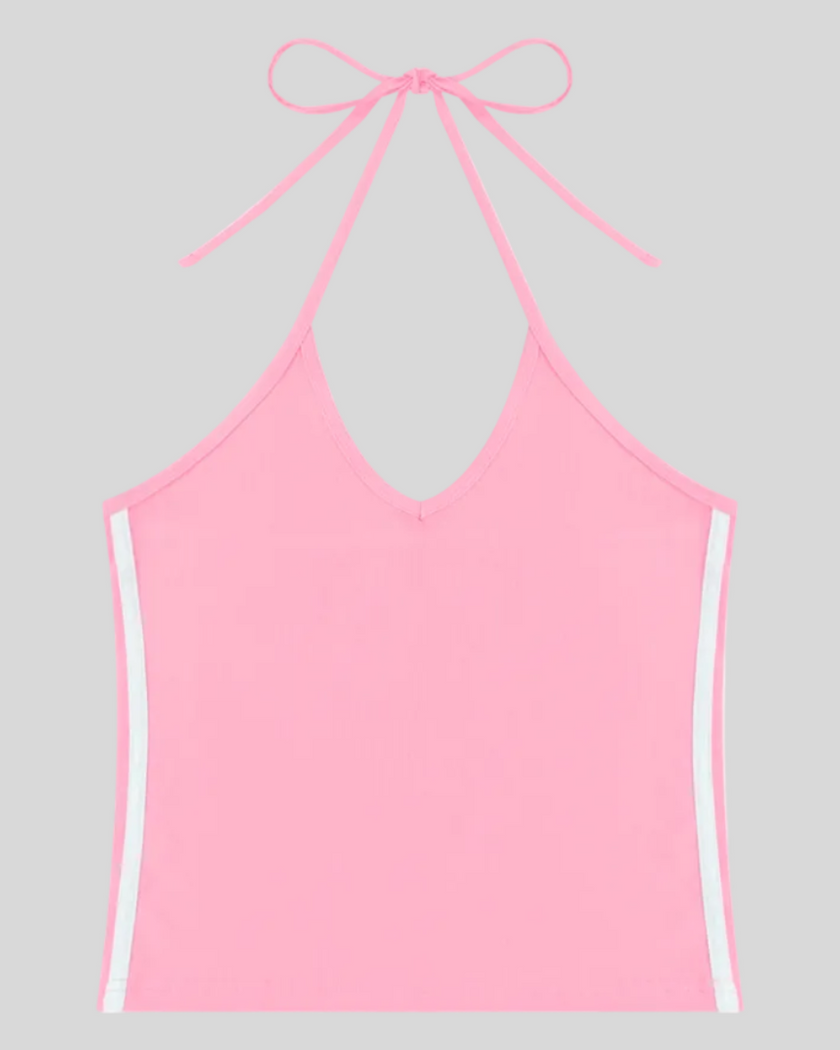 Athlesi TrackLine Halter Tank in pink and white shown in flatlay front view