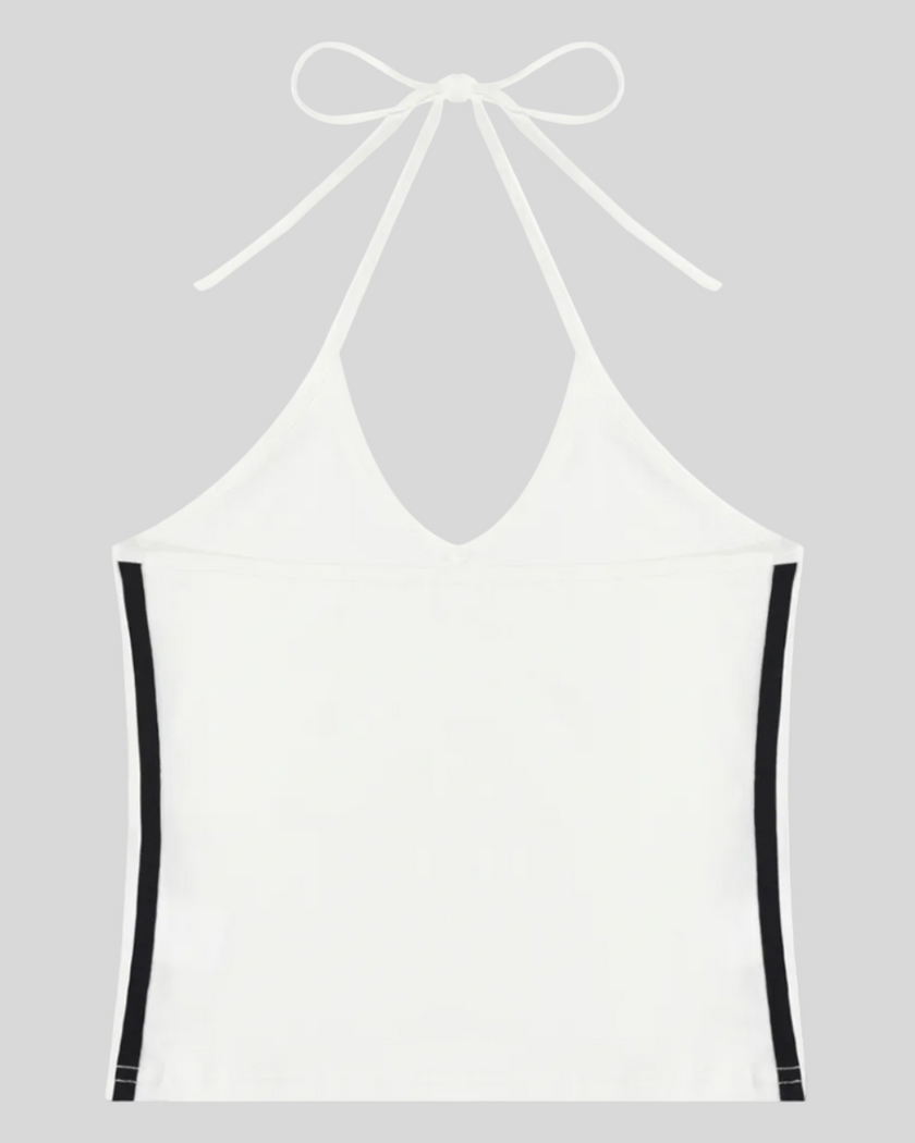Back view of the Athlesi TrackLine Halter Tank in white and black shown in flatlay product view