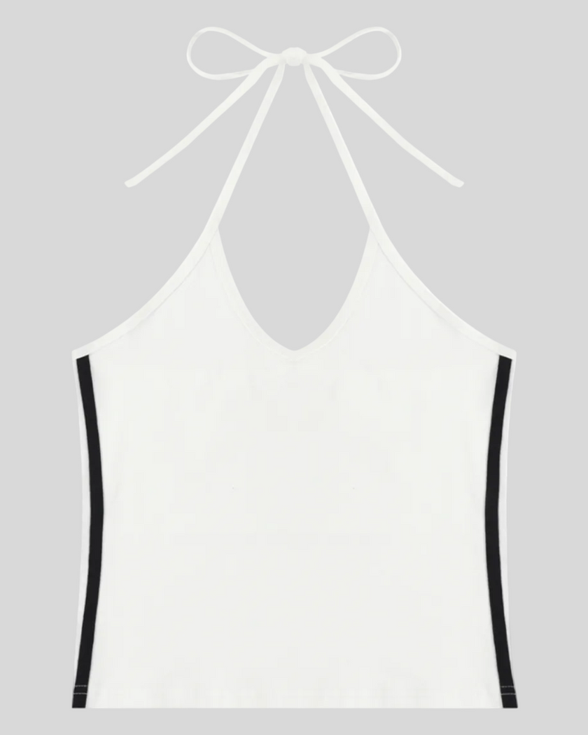 Athlesi TrackLine Halter Tank in navy white and black shown in flatlay front view