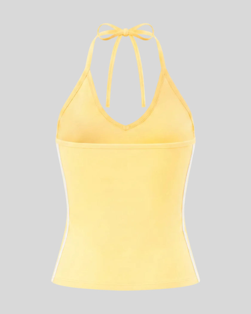 Back view of the Athlesi TrackLine Halter Tank in yellow and white shown in 3D product view