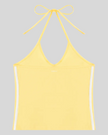 Back view of the Athlesi TrackLine Halter Tank in yellow and white shown in flatlay product view