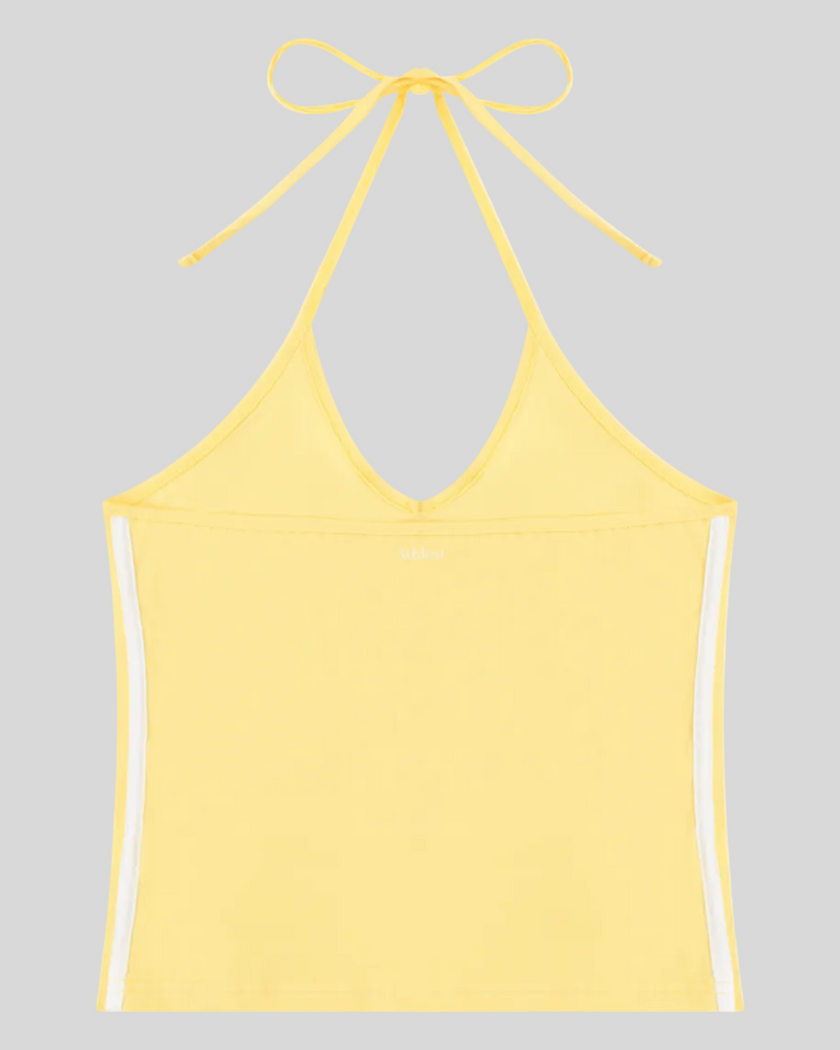 Back view of the Athlesi TrackLine Halter Tank in yellow and white shown in flatlay product view