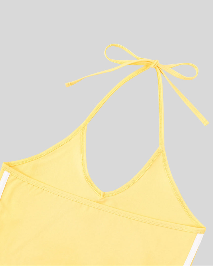 Back halter tie detail closeup of the Athlesi TrackLine Halter Tank in yellow and white