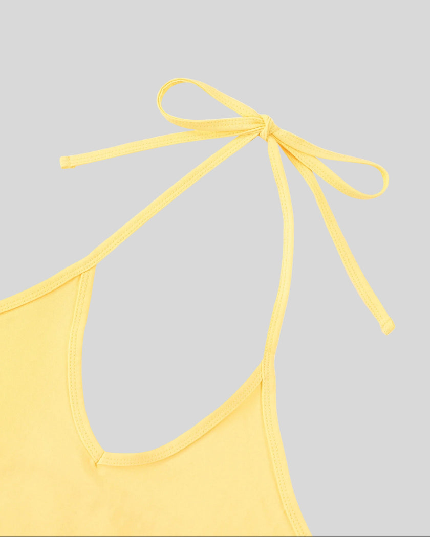 Front halter neckline detail closeup of the Athlesi TrackLine Halter Tank in yellow and white