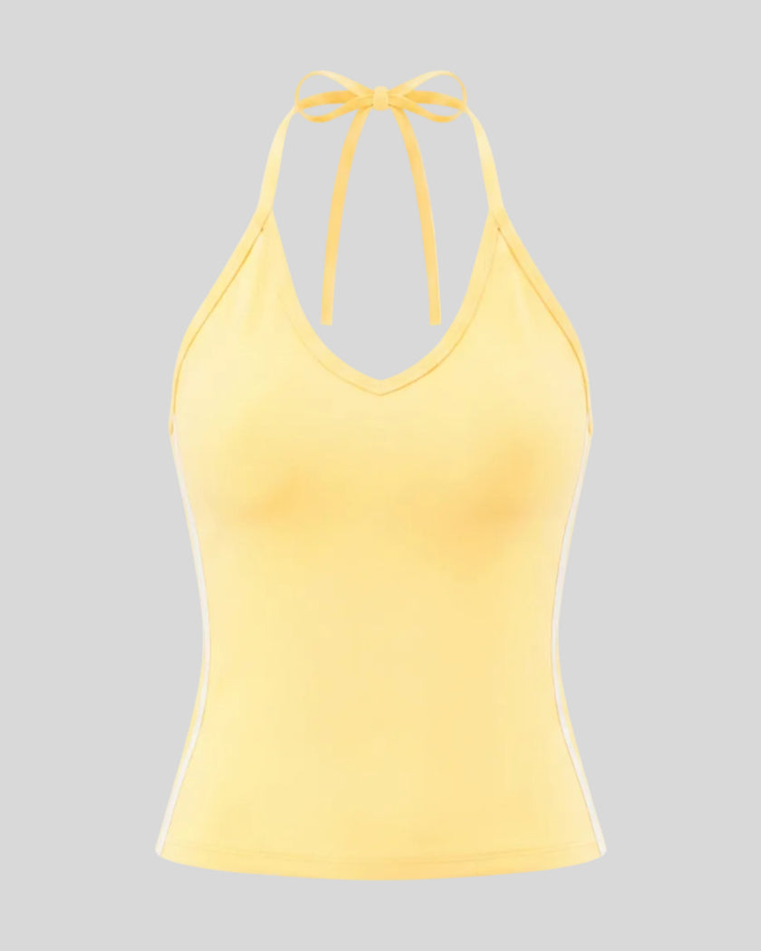 Athlesi TrackLine Halter Tank in yellow and white shown in 3D front view