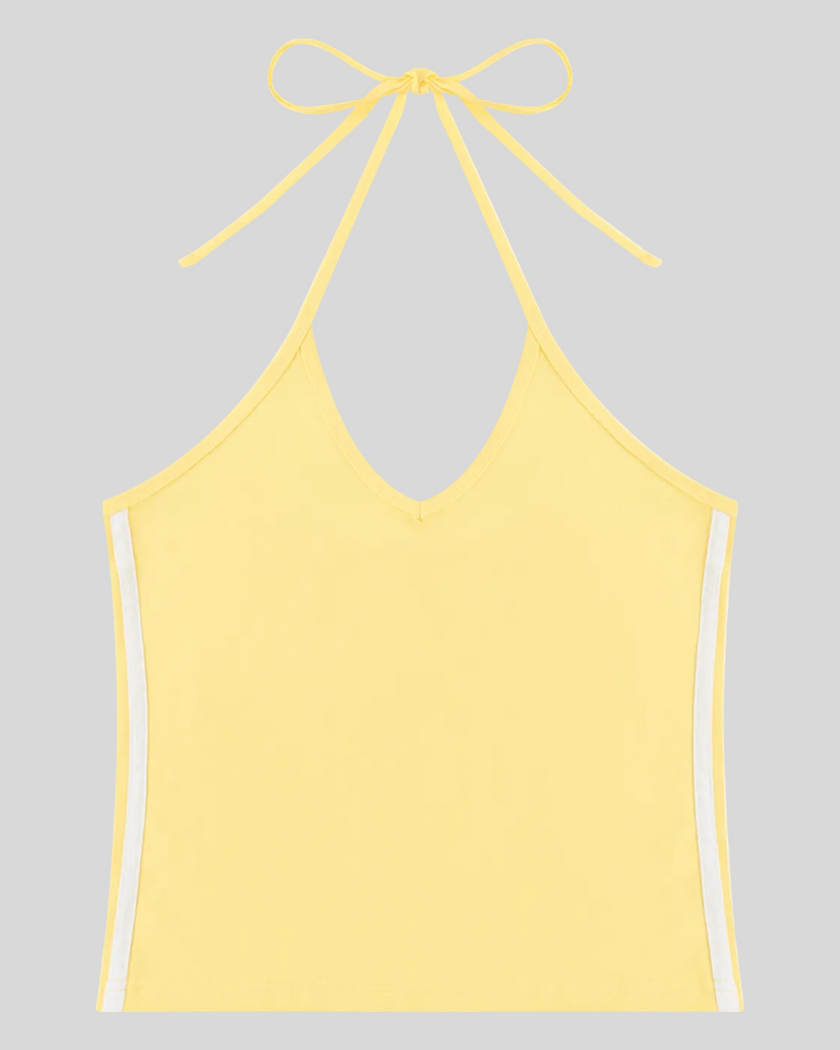 Athlesi TrackLine Halter Tank in yellow and white shown in flatlay front view