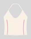 TrackLine Halter Yoga Top in apricot with contrast stitching back view