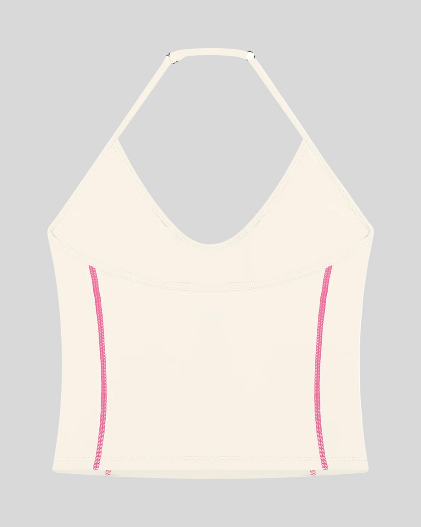 TrackLine Halter Yoga Top in apricot with contrast stitching back view