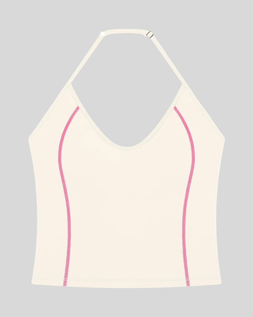 TrackLine Halter Yoga Top in apricot with contrast stitching front view