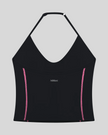 TrackLine Halter Yoga Top in black with contrast stitching back view