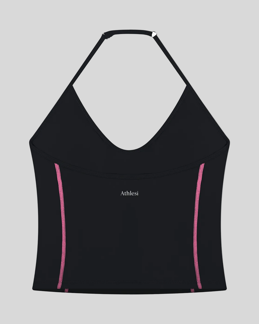 TrackLine Halter Yoga Top in black with contrast stitching back view