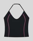 TrackLine Halter Yoga Top in black with contrast stitching front view