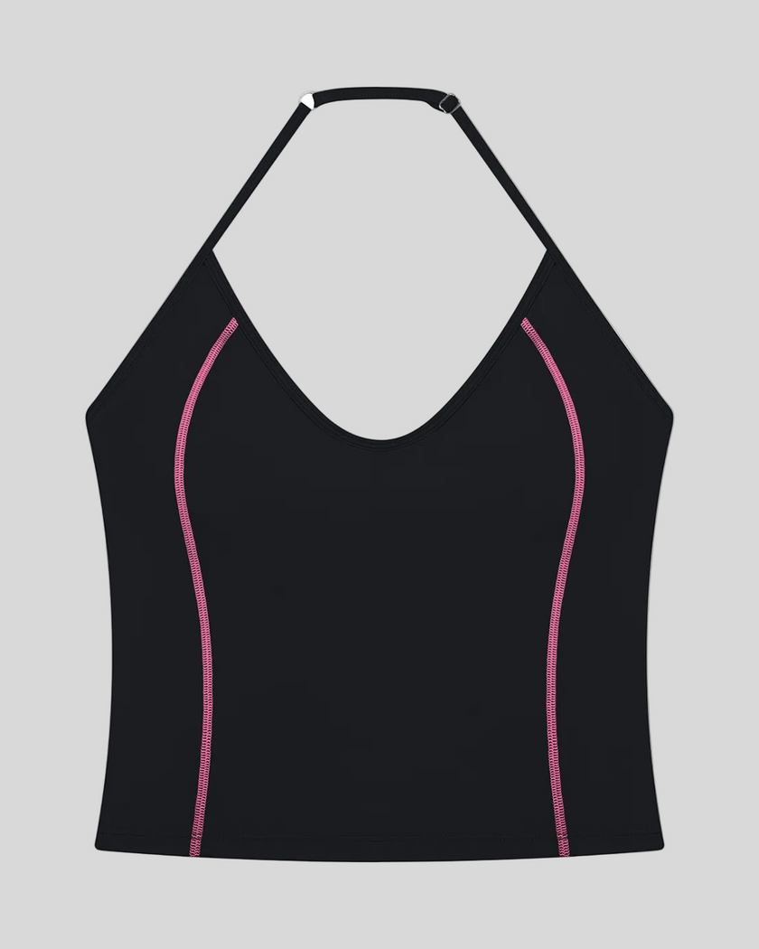 TrackLine Halter Yoga Top in black with contrast stitching front view