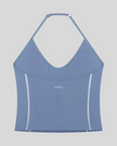 TrackLine Halter Yoga Top in blue with contrast stitching back view