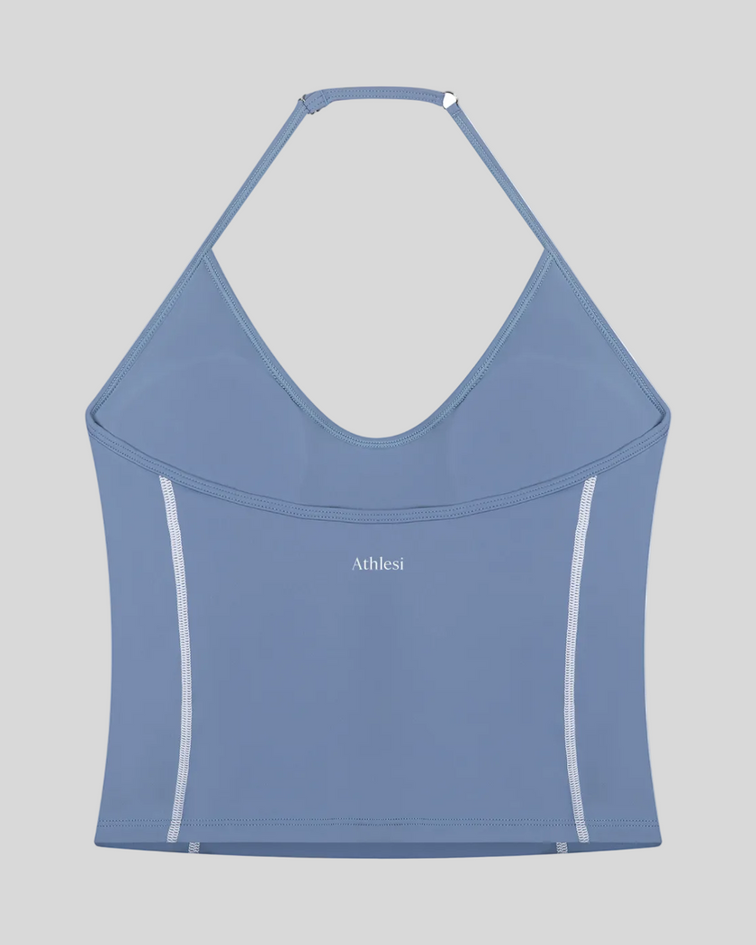 TrackLine Halter Yoga Top in blue with contrast stitching back view