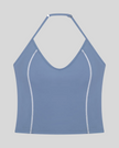 TrackLine Halter Yoga Top in blue with contrast stitching front view