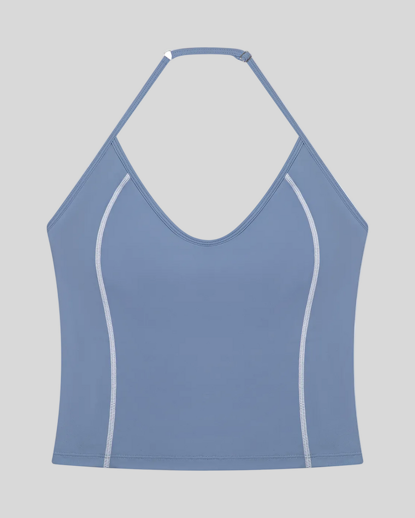 TrackLine Halter Yoga Top in blue with contrast stitching front view