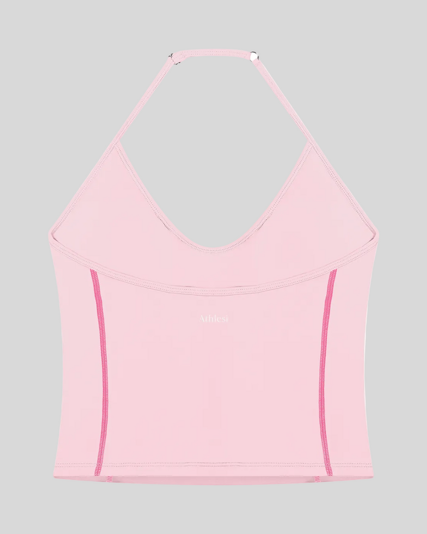 TrackLine Halter Yoga Top in pink with contrast stitching back view