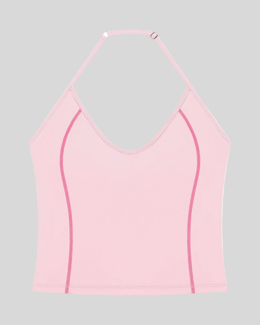 TrackLine Halter Yoga Top in pink with contrast stitching front view