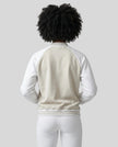 Model wearing TrackLine Heritage Jacket in Beige Camel with White back view