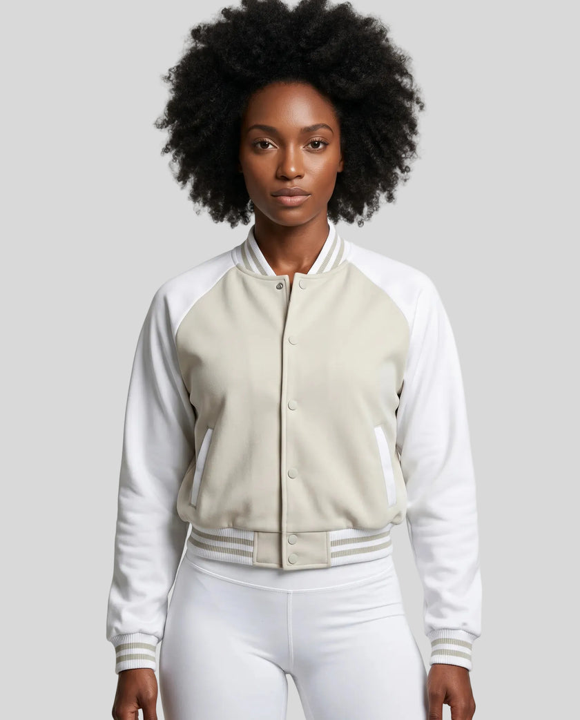 Model wearing TrackLine Heritage Jacket in Beige Camel with White front view