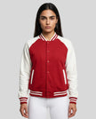 Model wearing TrackLine Heritage Jacket in Garnet with Apricot front view