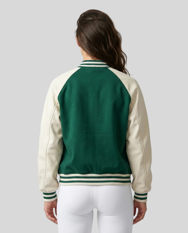Model wearing TrackLine Heritage Jacket in Green with Apricot back view
