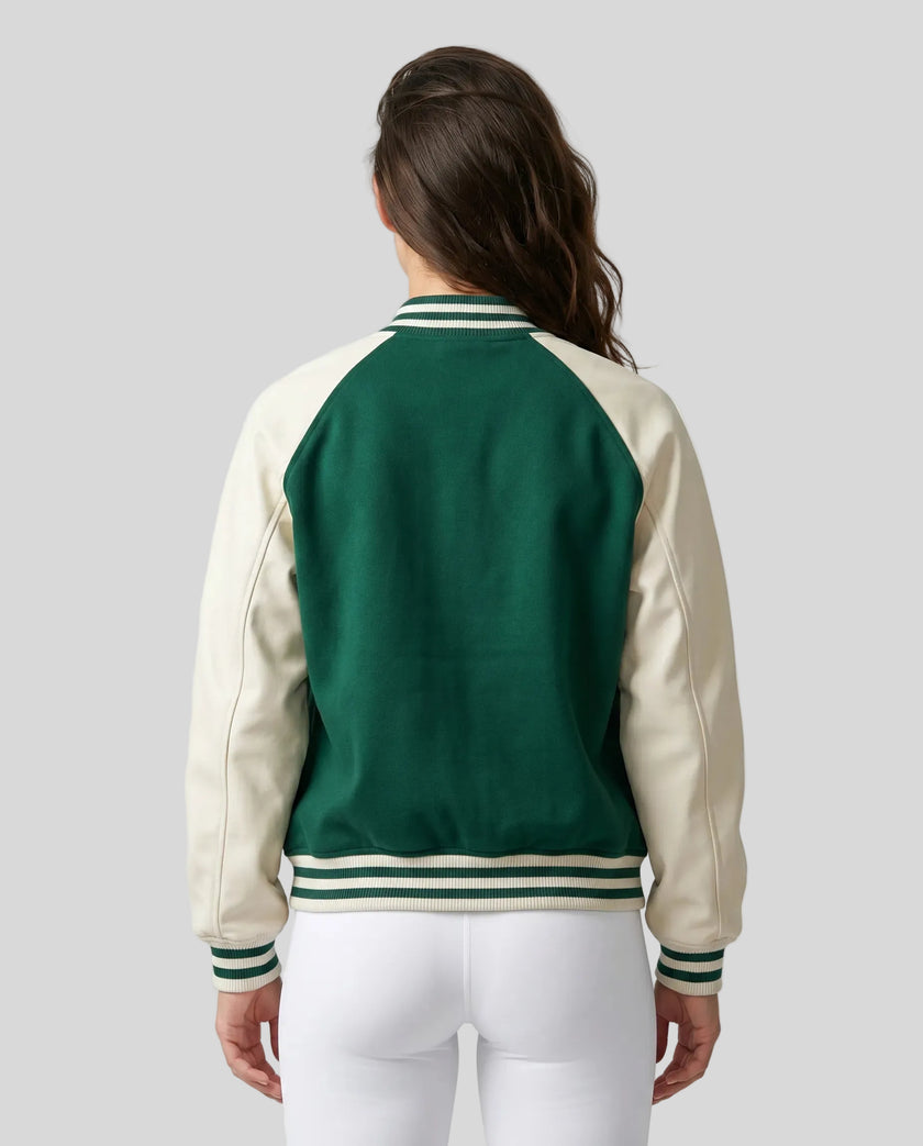 Model wearing TrackLine Heritage Jacket in Green with Apricot back view