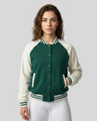 Model wearing TrackLine Heritage Jacket in Green with Apricot front view