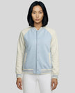 Model wearing TrackLine Heritage Jacket in Light Blue with Apricot front view
