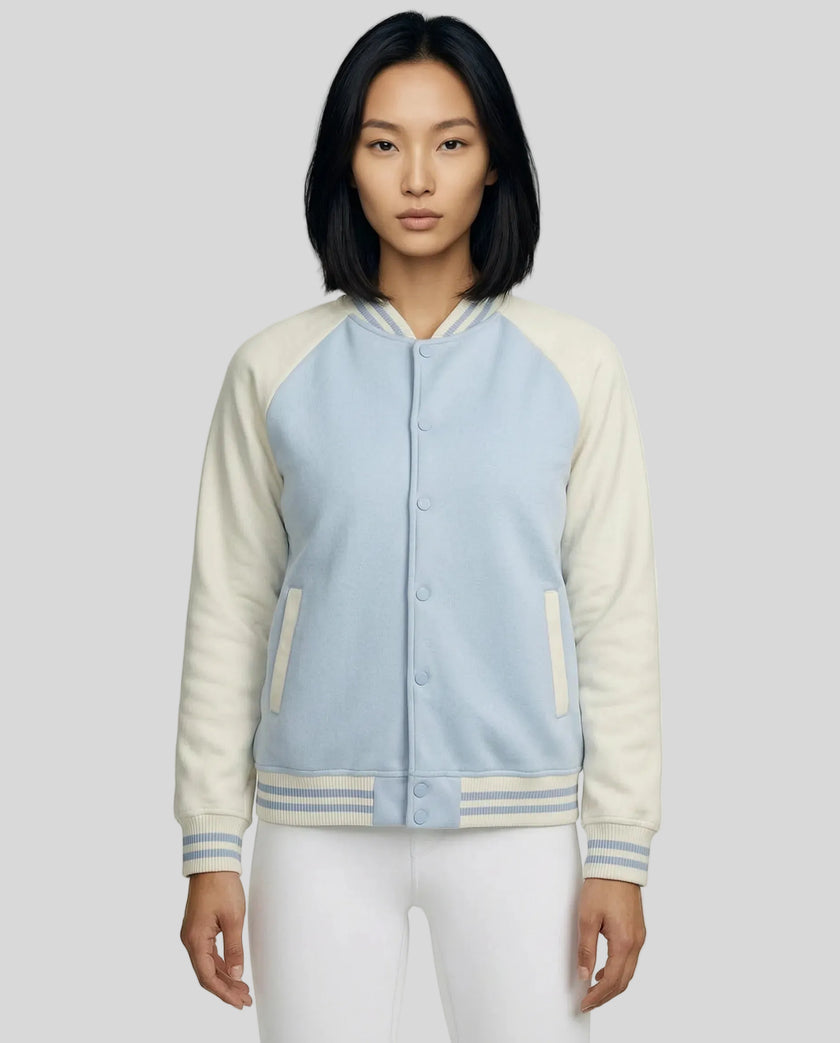 Model wearing TrackLine Heritage Jacket in Light Blue with Apricot front view
