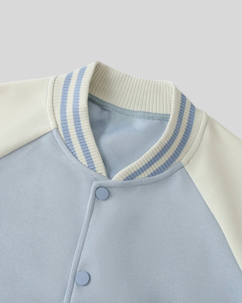 Striped varsity collar detail of TrackLine Heritage Jacket in Light Blue with Apricot