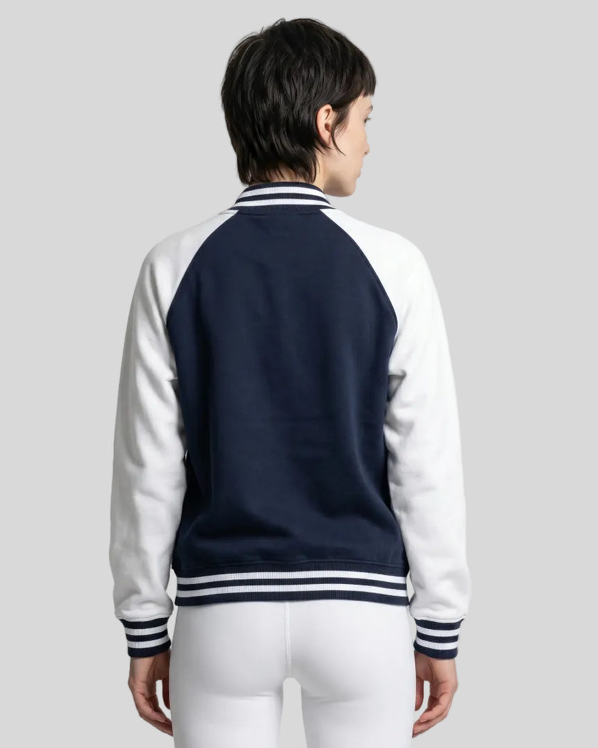 Model wearing TrackLine Heritage Jacket in Navy Blue with White back view