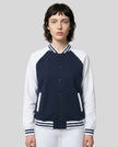 Model wearing TrackLine Heritage Jacket in Navy Blue with White front view