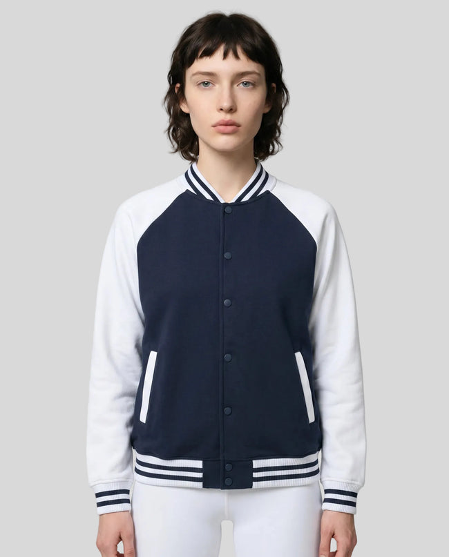 Model wearing TrackLine Heritage Jacket in Navy Blue with White front view