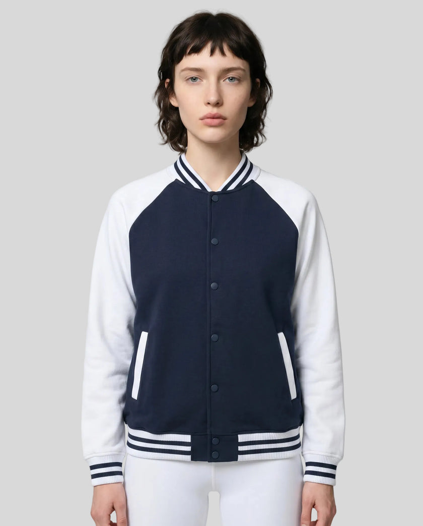 Model wearing TrackLine Heritage Jacket in Navy Blue with White front view