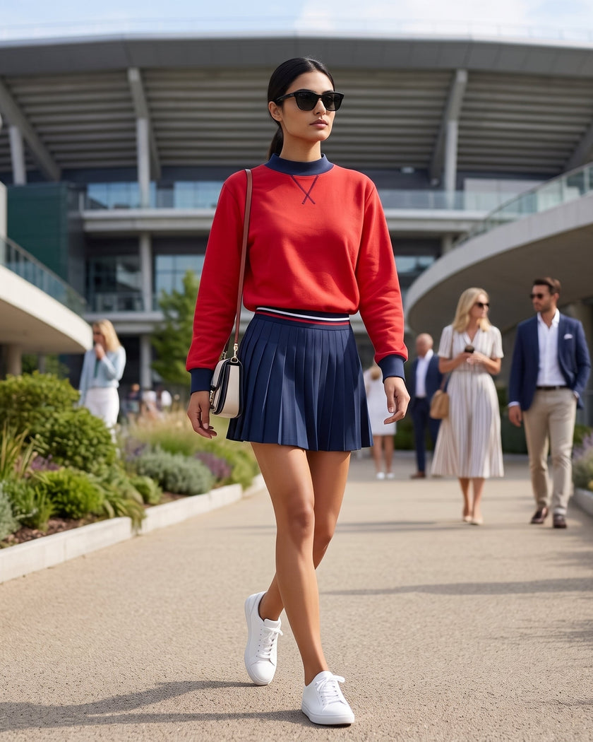 A woman walking outdoors in a modern architectural setting, wearing a red TrackLine Heritage Sweater with navy blue trim, a navy blue Trackline Rally Skirt, and white sneakers.