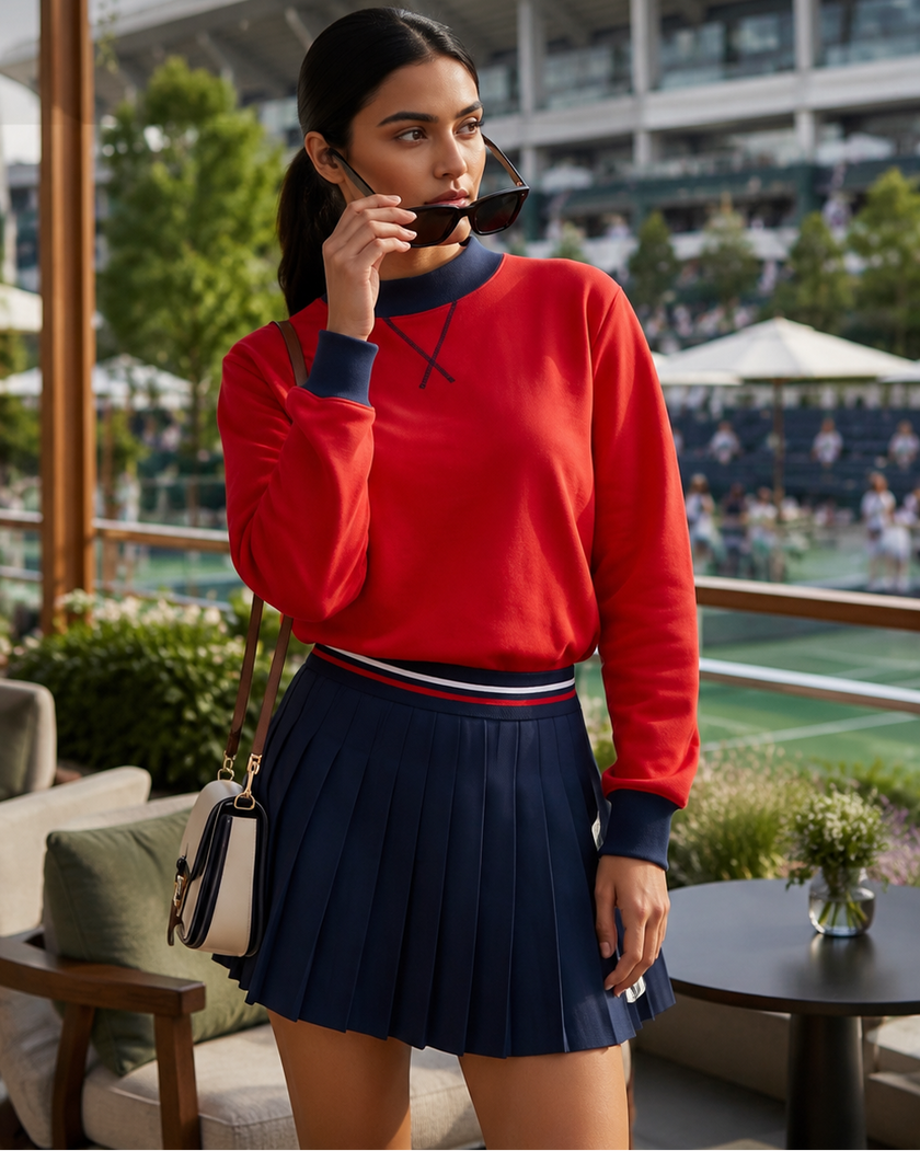 A woman stands on a terrace overlooking a tennis court, wearing a red TrackLine Heritage Sweater with navy blue trim and a navy TrackLine Rally skirt.