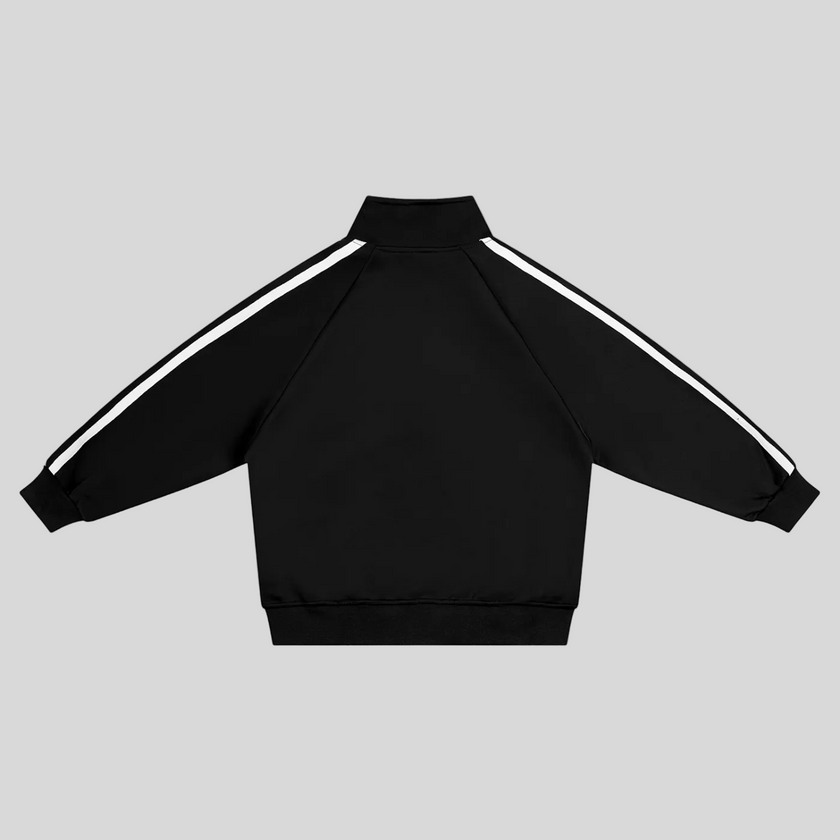 TrackLine Junior Club Jacket in Black with contrast side stripes back view