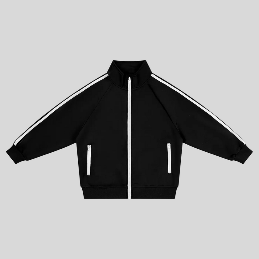 TrackLine Junior Club Jacket in Black with contrast side stripes and stand collar front view