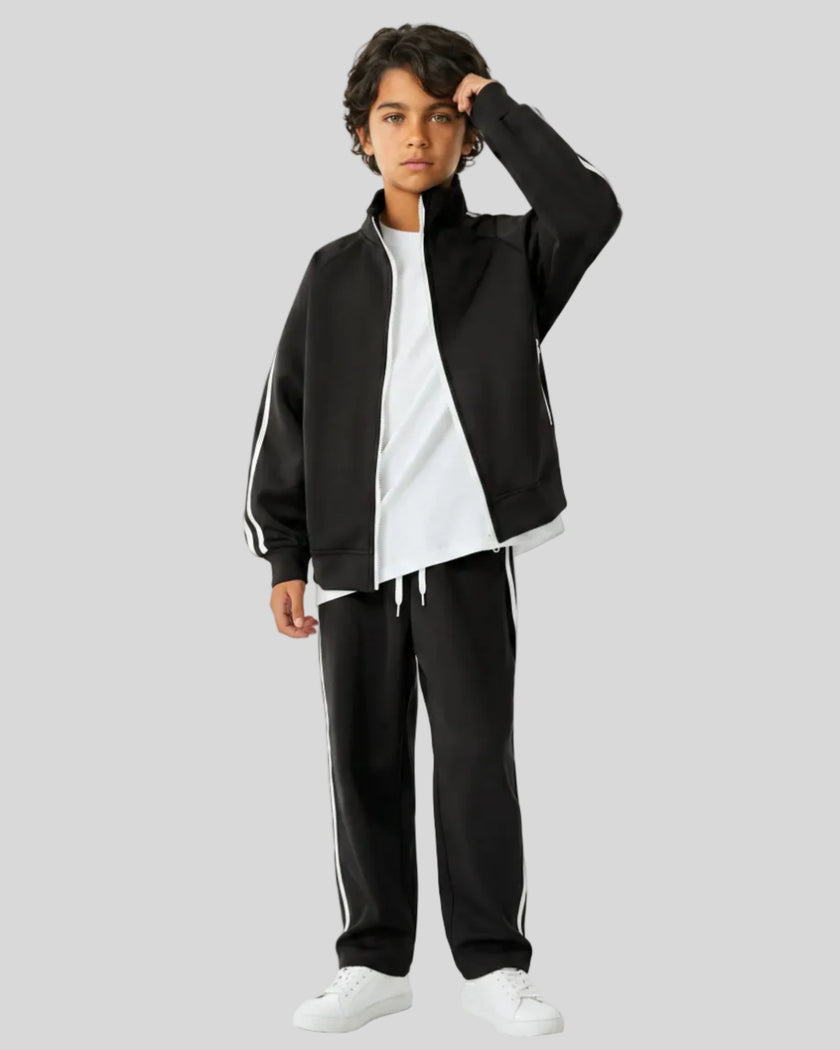 Child wearing the TrackLine Junior Club Jacket in Black with open zipper front view