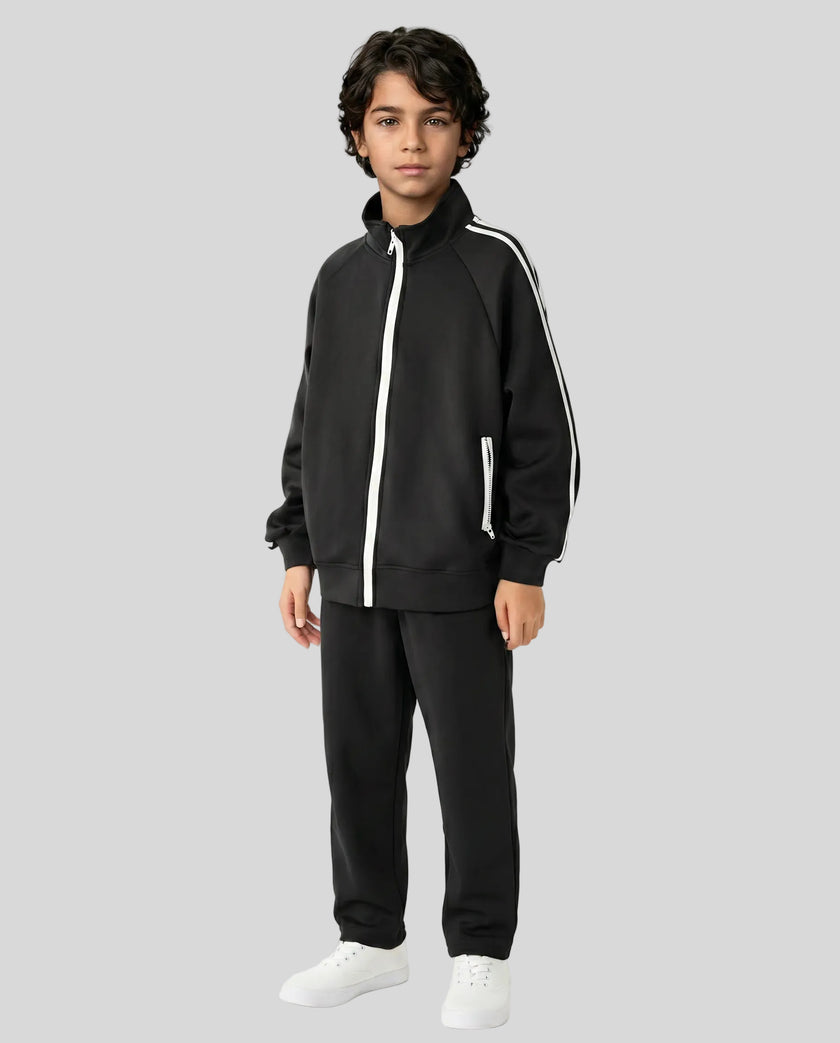 Child wearing the TrackLine Junior Club Jacket in Black fully zipped front view