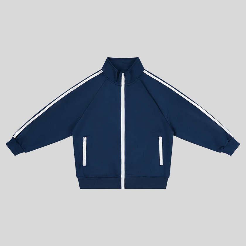 TrackLine Junior Club Jacket in Royal Blue with contrast side stripes and stand collar front view