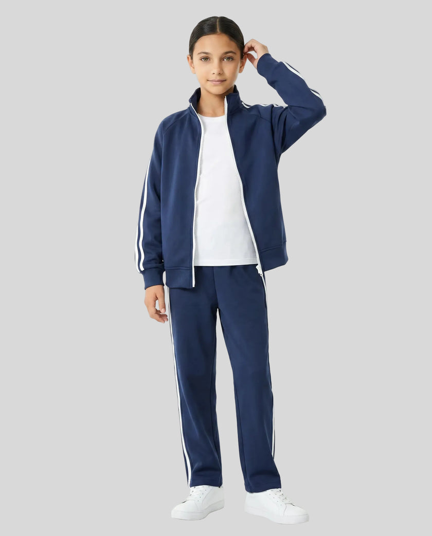 Angled front view of a child wearing the TrackLine Junior Club Jacket in Royal Blue