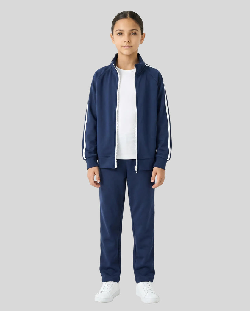 Child wearing the TrackLine Junior Club Jacket in Royal Blue with open zipper front view