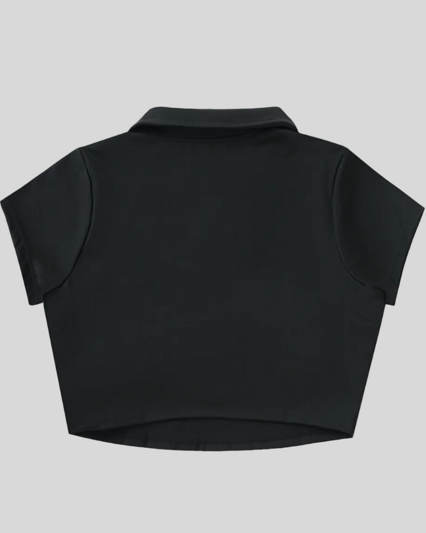 Back view flatlay of the Athlesi TrackLine Lapel Crop Top in black