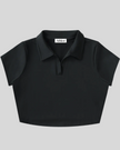 Athlesi TrackLine Lapel Crop Top in black shown in flatlay front view