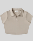 Athlesi TrackLine Lapel Crop Top in light coffee shown in flatlay front view