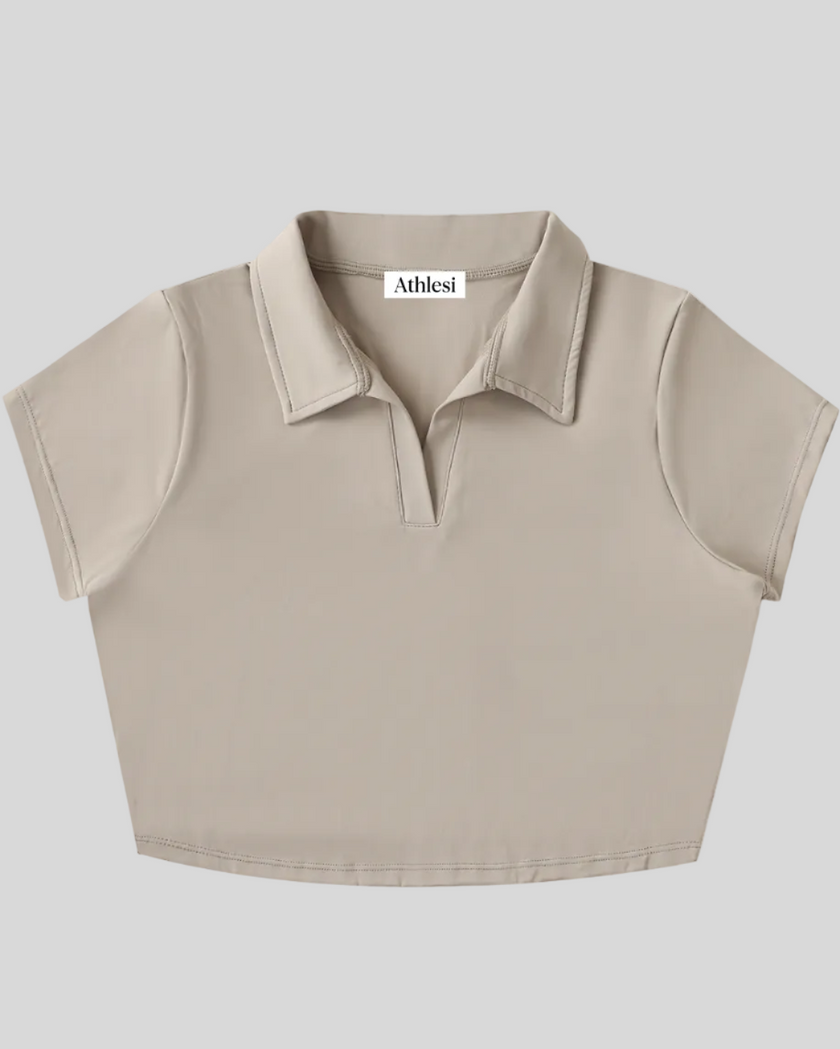 Athlesi TrackLine Lapel Crop Top in light coffee shown in flatlay front view