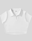 Athlesi TrackLine Lapel Crop Top in white shown in flatlay front view
